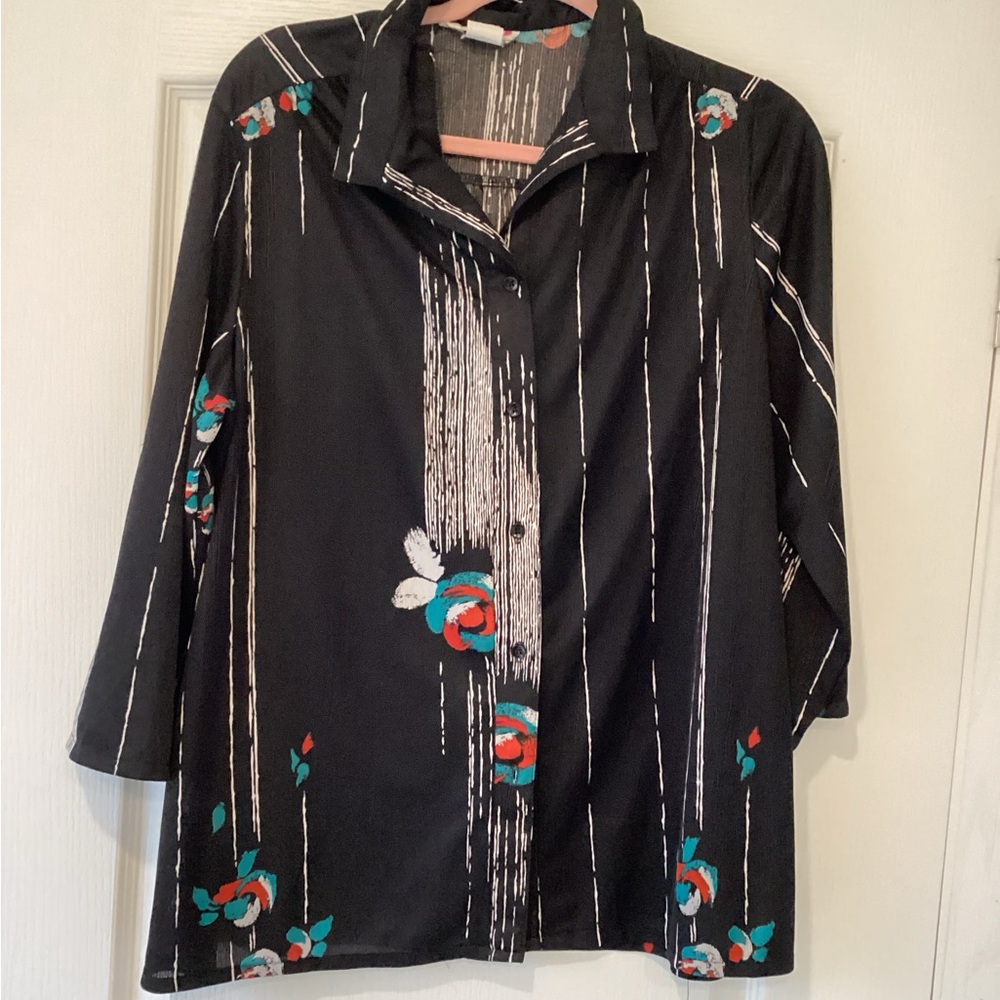 ISSI Black Button-Up Floral Stripe Blouse